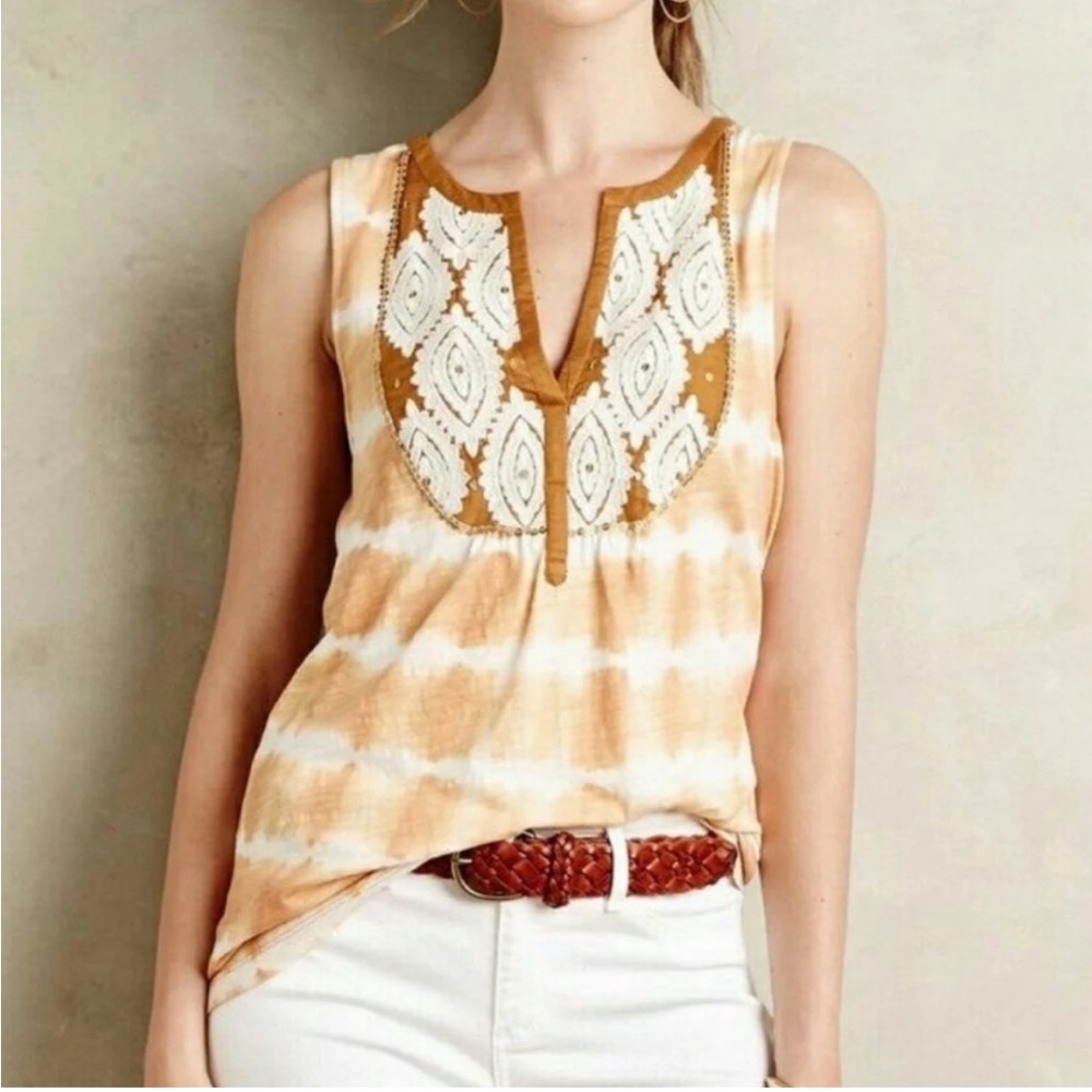 Anthropologie Tie‎ Dye Embroidered Tank Top Floreat tan/white size small
